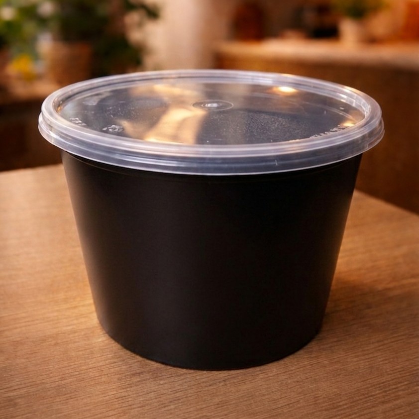 Round Container  750 ML   Black  + Transperent lid